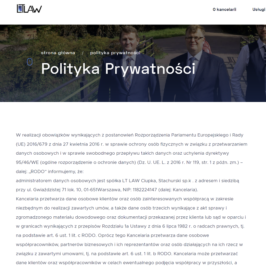 Polityka prywatności na stronie internetowej LTLAW
